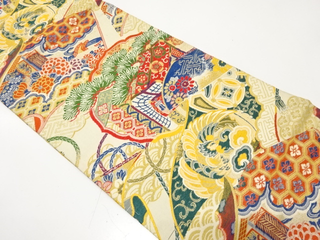 アンティーク　読み本に御所車・鳳凰・草花模様織り出し丸帯（材料）